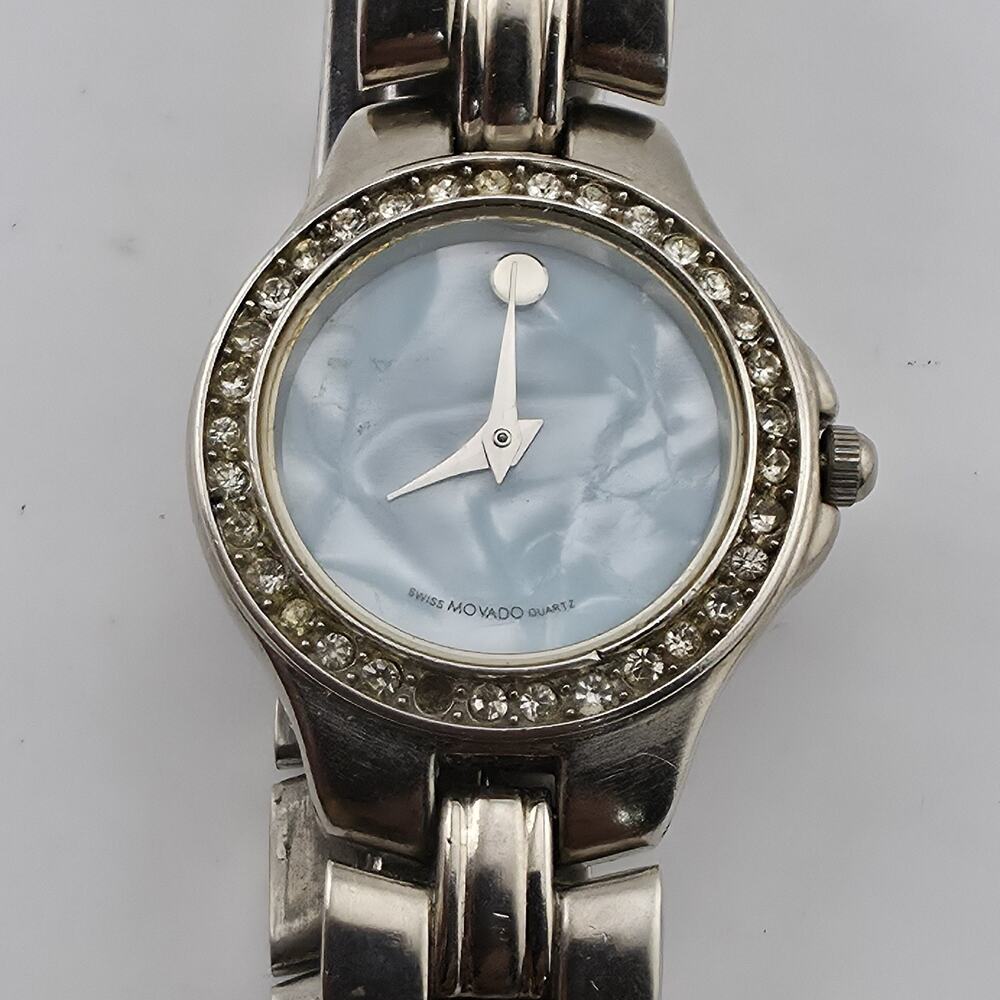 Movado Women’s Swiss Quartz Watch Blue MOP Dial Rhinestone Bezel New Battery